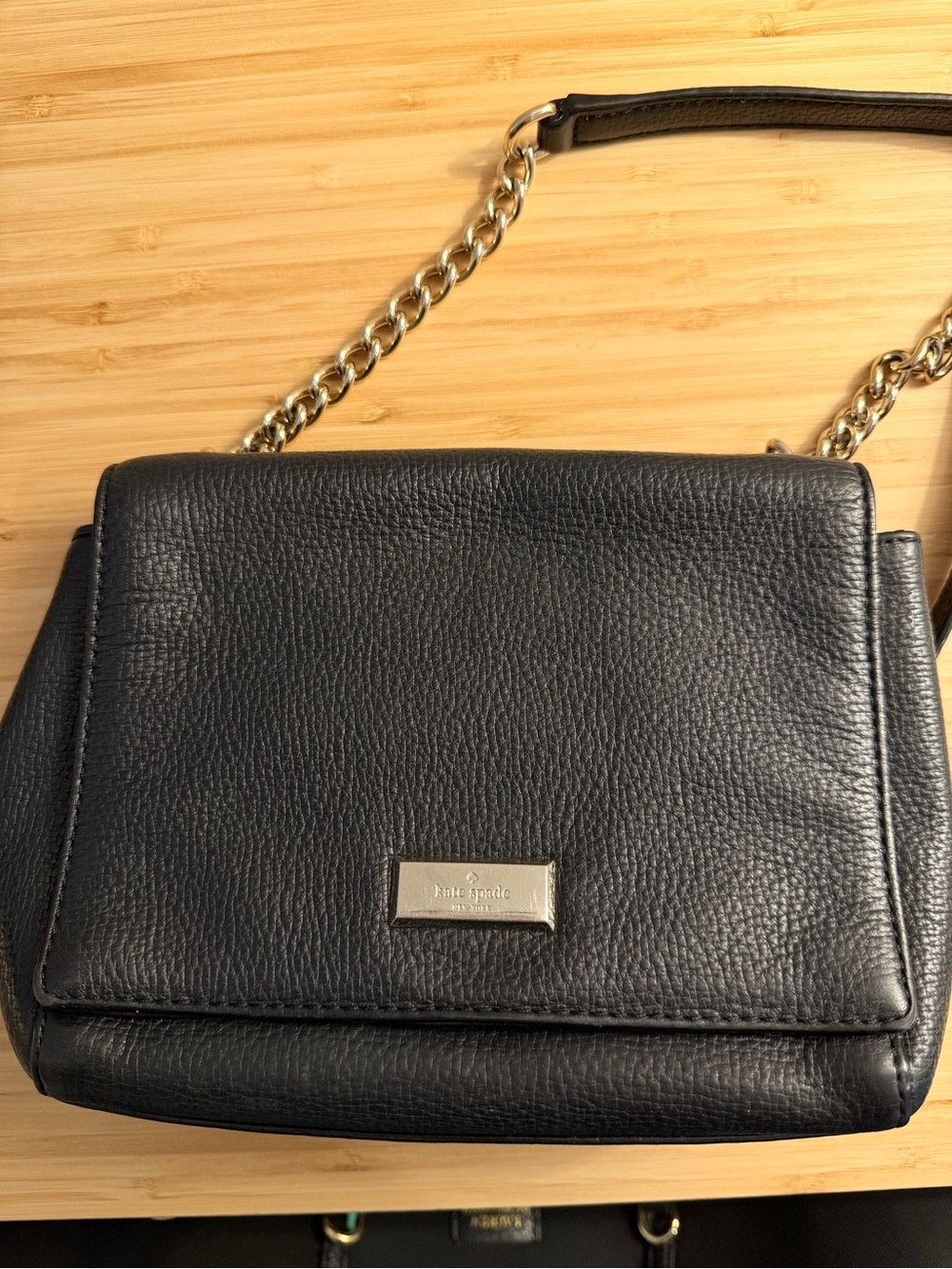 Kate Spade Black Pebbled Leather Crossbody with Gold Chain